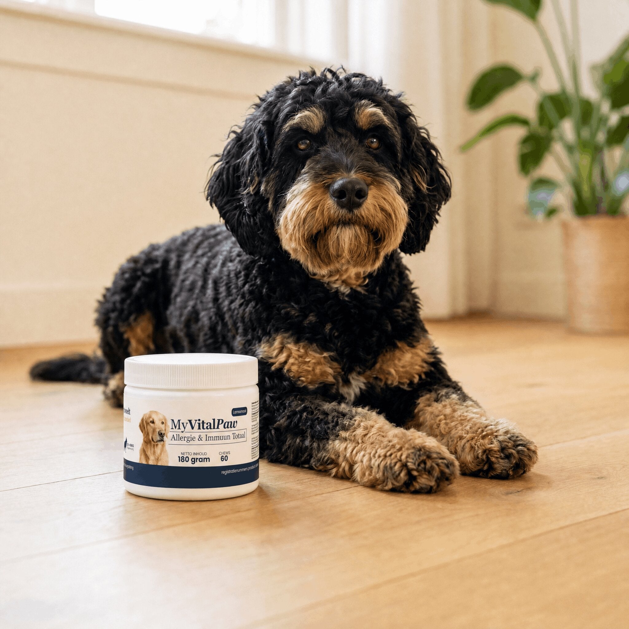 Hond ontspannen thuis naast MyVitalPaw, eindelijk rust