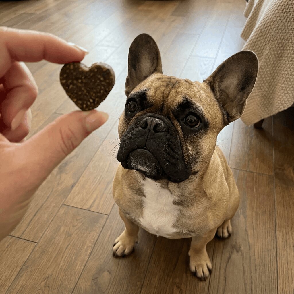 Hond ontvangt MyVitalPaw zachte kauwbrok uit de hand